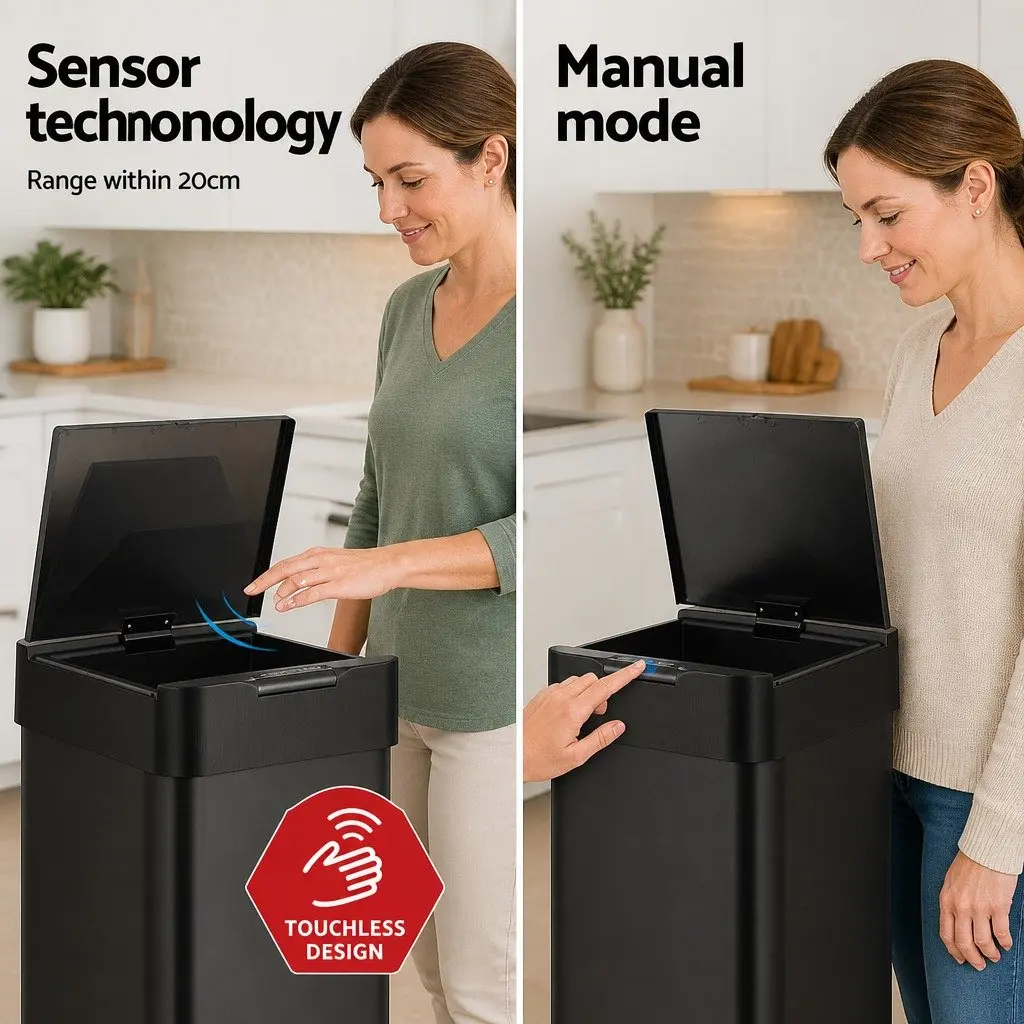 Automatic Bin Black 50L Motion Sensor Hands-Free Soft-Close Odour-Controlled