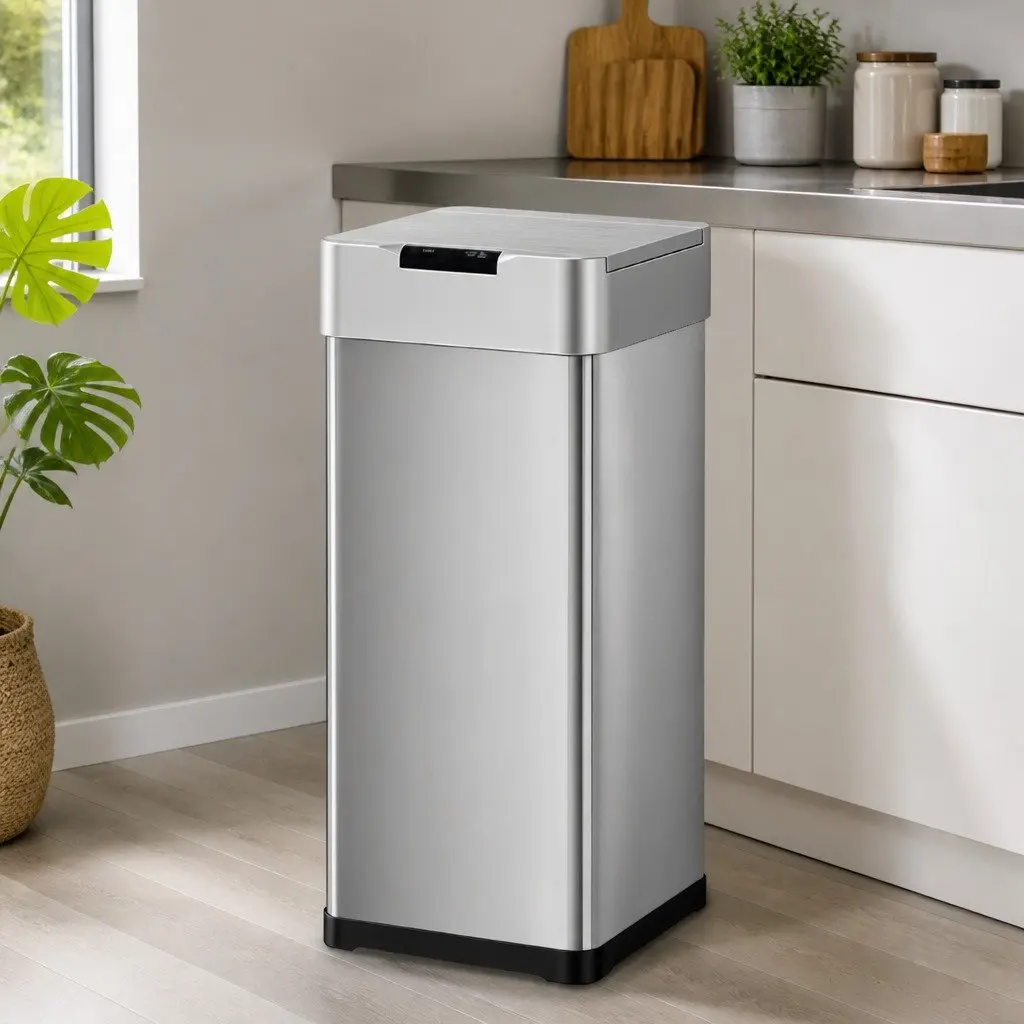 Automatic Trash Can Silver 50L Motion Sensor Hands-Free Soft-Close Lid Fingerprint-Resistant Stainless Steel