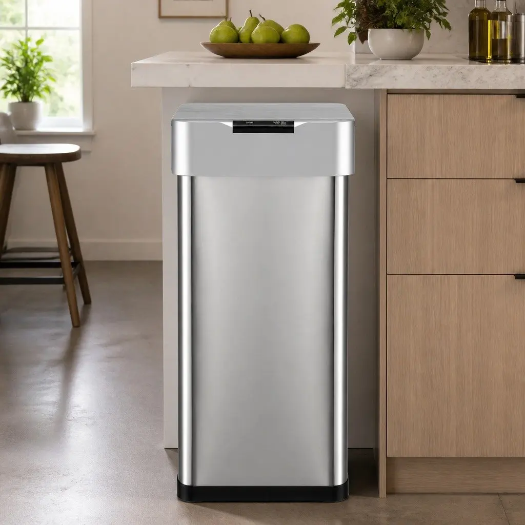 Automatic Trash Can Silver 50L Motion Sensor Hands-Free Soft-Close Lid Fingerprint-Resistant Stainless Steel