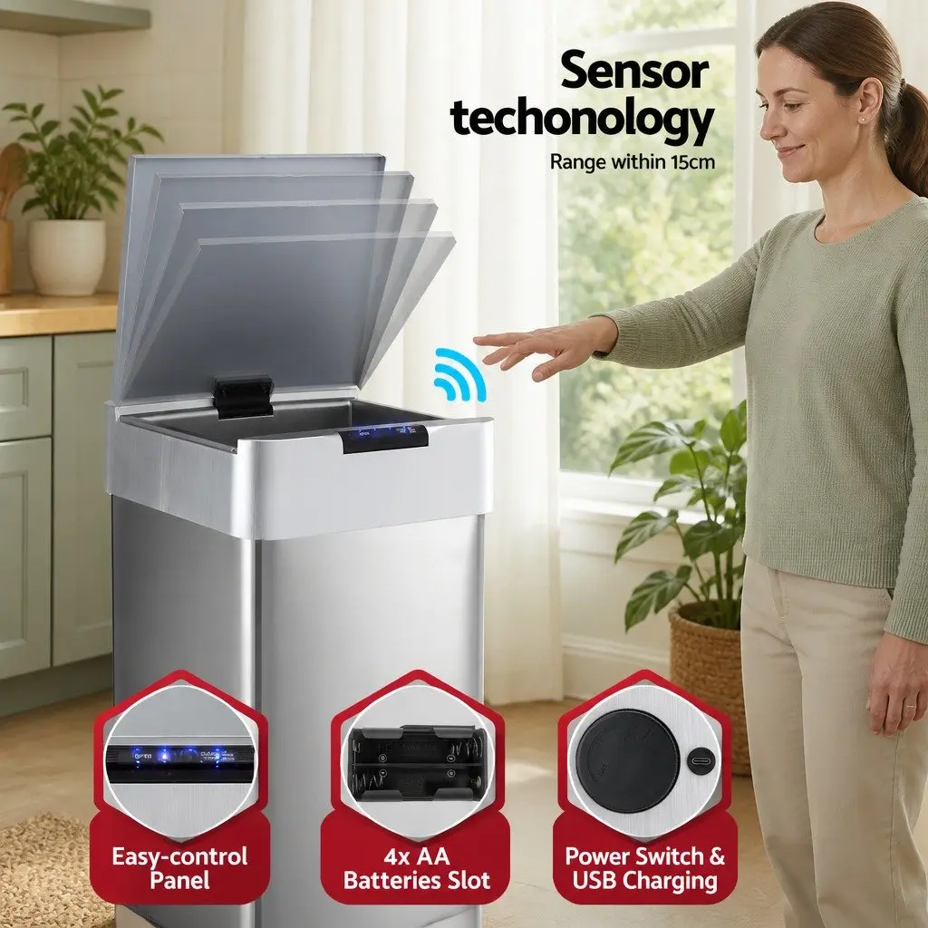 Automatic Trash Can Silver 50L Motion Sensor Hands-Free Soft-Close Lid Fingerprint-Resistant Stainless Steel