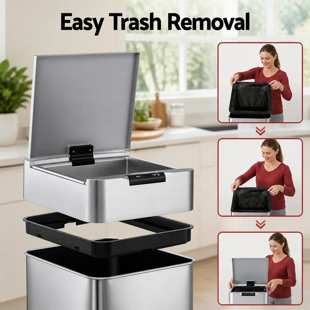 Automatic Trash Can Silver 50L Motion Sensor Hands-Free Soft-Close Lid Fingerprint-Resistant Stainless Steel