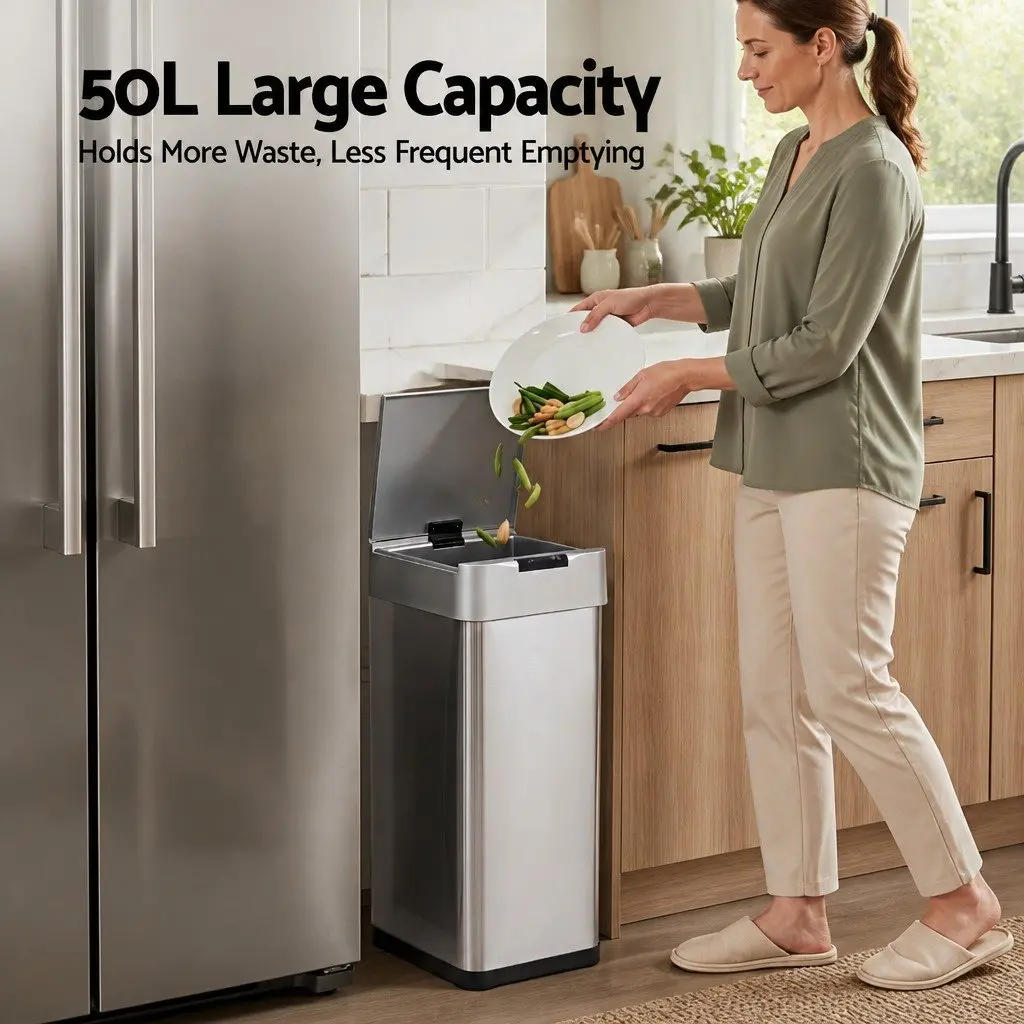 Automatic Trash Can Silver 50L Motion Sensor Hands-Free Soft-Close Lid Fingerprint-Resistant Stainless Steel