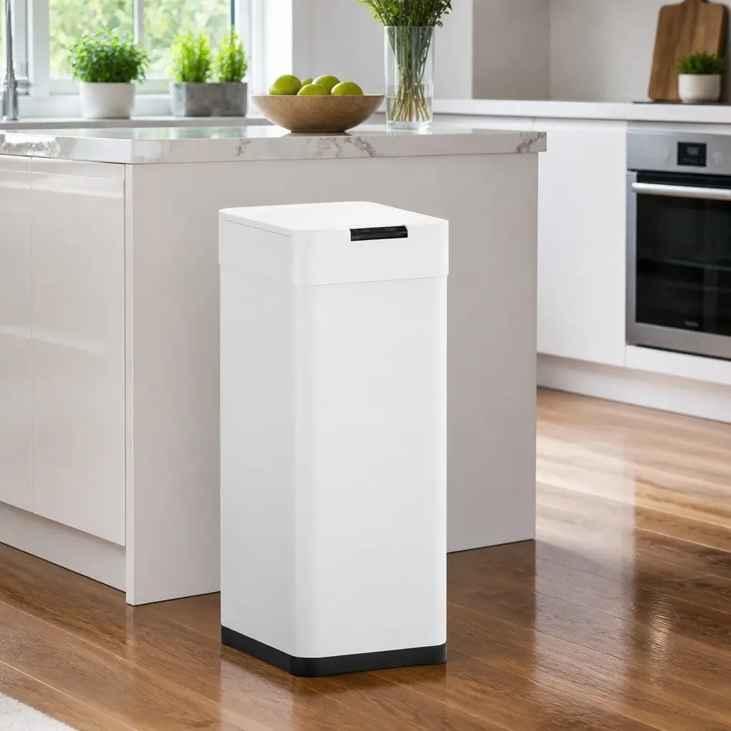 Automatic Trash Can White 50L Motion Sensor Hands-Free Operation Fingerprint-Resistant Iron Body Odour-Controlling Lid