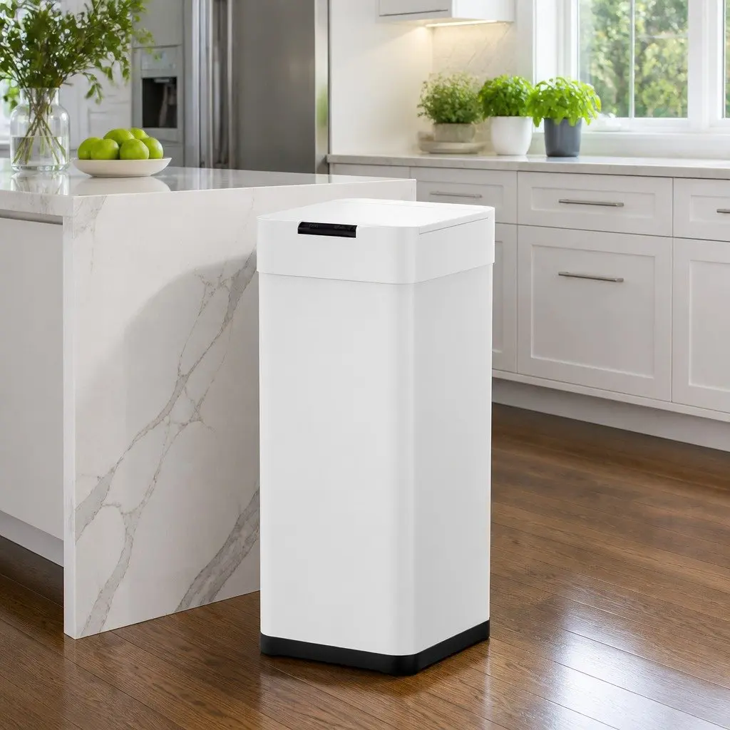 Automatic Trash Can White 50L Motion Sensor Hands-Free Operation Fingerprint-Resistant Iron Body Odour-Controlling Lid