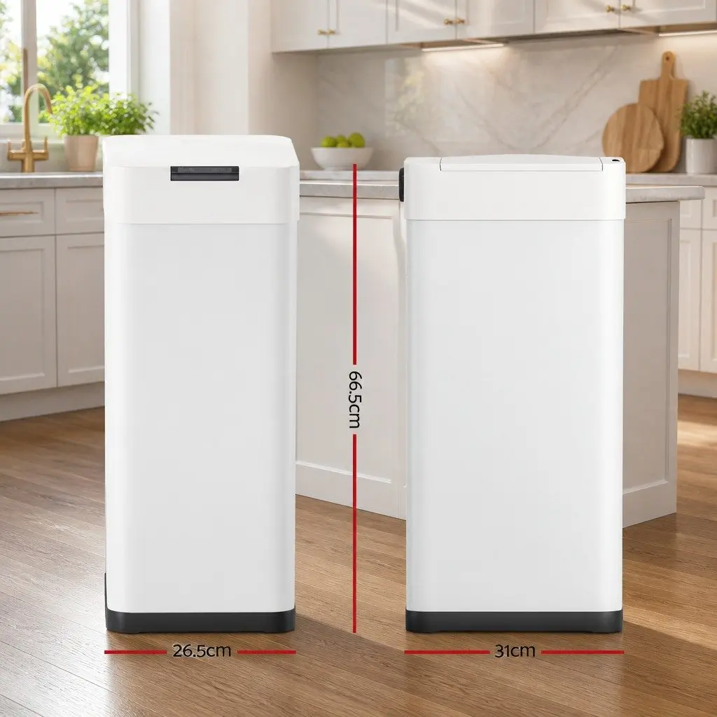 Automatic Trash Can White 50L Motion Sensor Hands-Free Operation Fingerprint-Resistant Iron Body Odour-Controlling Lid