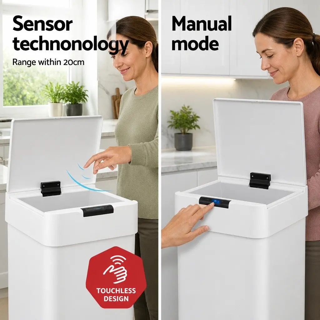 Automatic Trash Can White 50L Motion Sensor Hands-Free Operation Fingerprint-Resistant Iron Body Odour-Controlling Lid