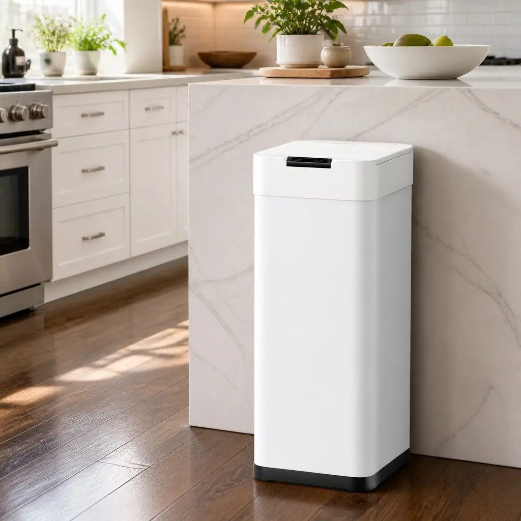 Automatic Trash Can White 50L Motion Sensor Hands-Free Operation Fingerprint-Resistant Iron Body Odour-Controlling Lid