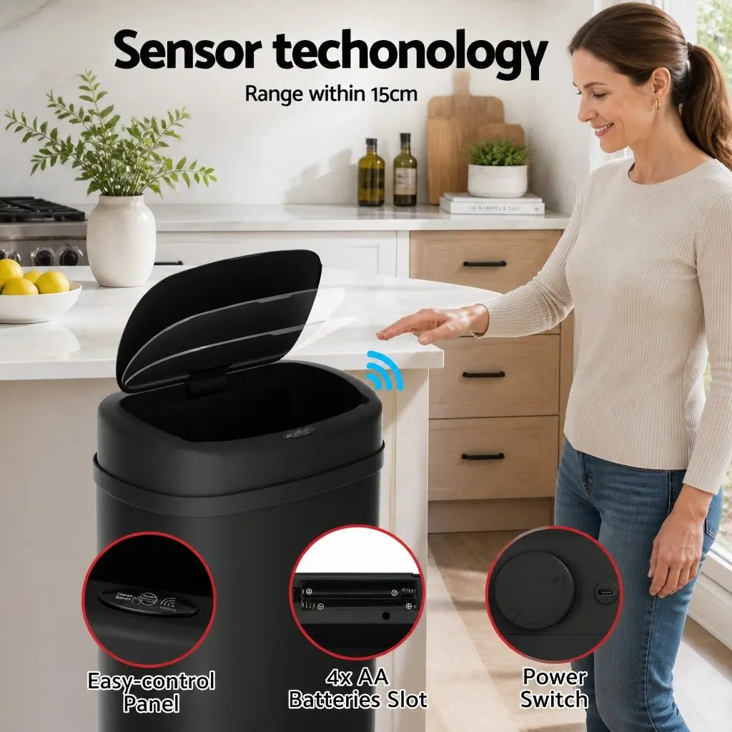 Automatic Rubbish Bin Black 50L Motion Sensor Hands-Free Kitchen Waste Trash Can