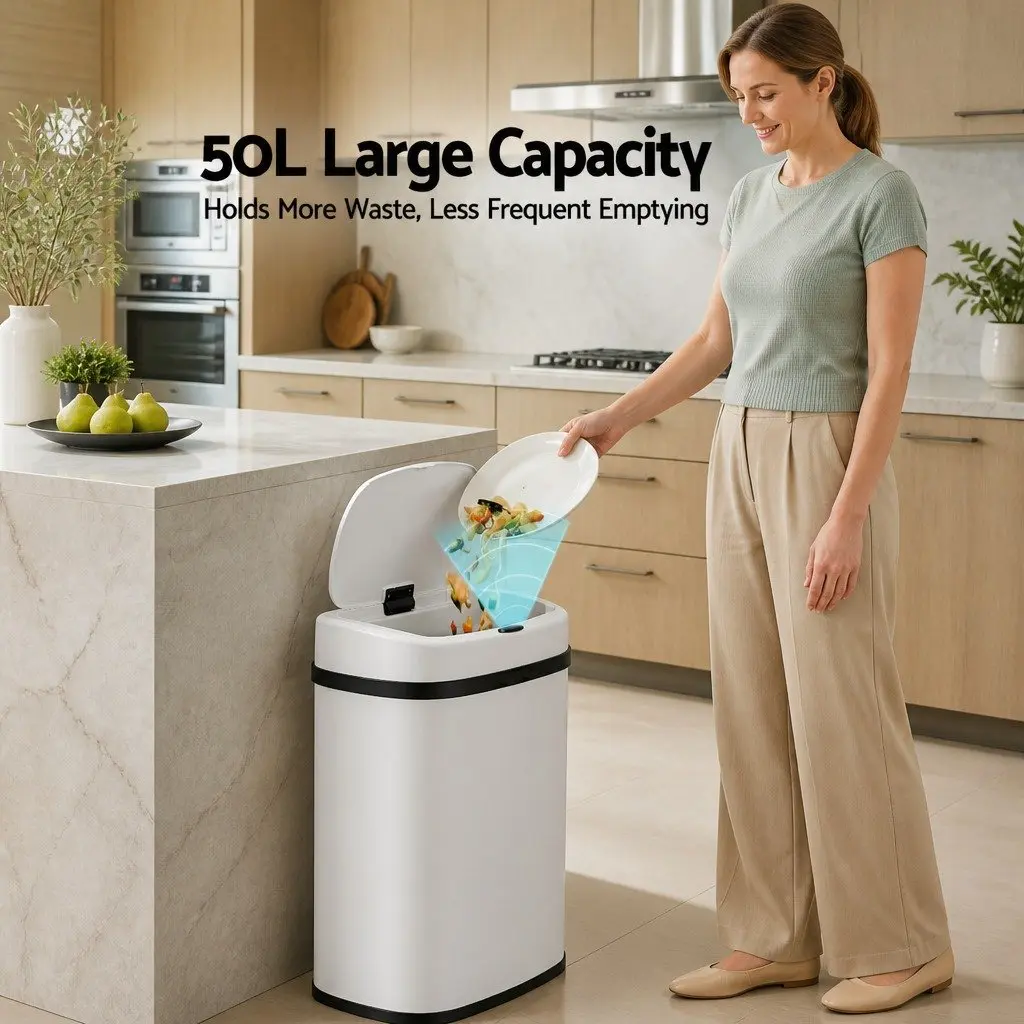Automatic Rubbish Bin White 50L Motion Sensor Hands-Free Operation