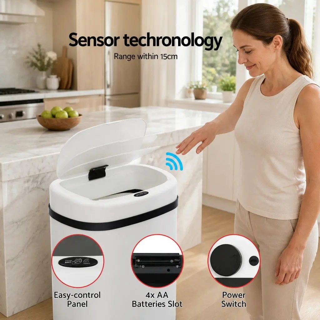 Automatic Rubbish Bin White 50L Motion Sensor Hands-Free Operation