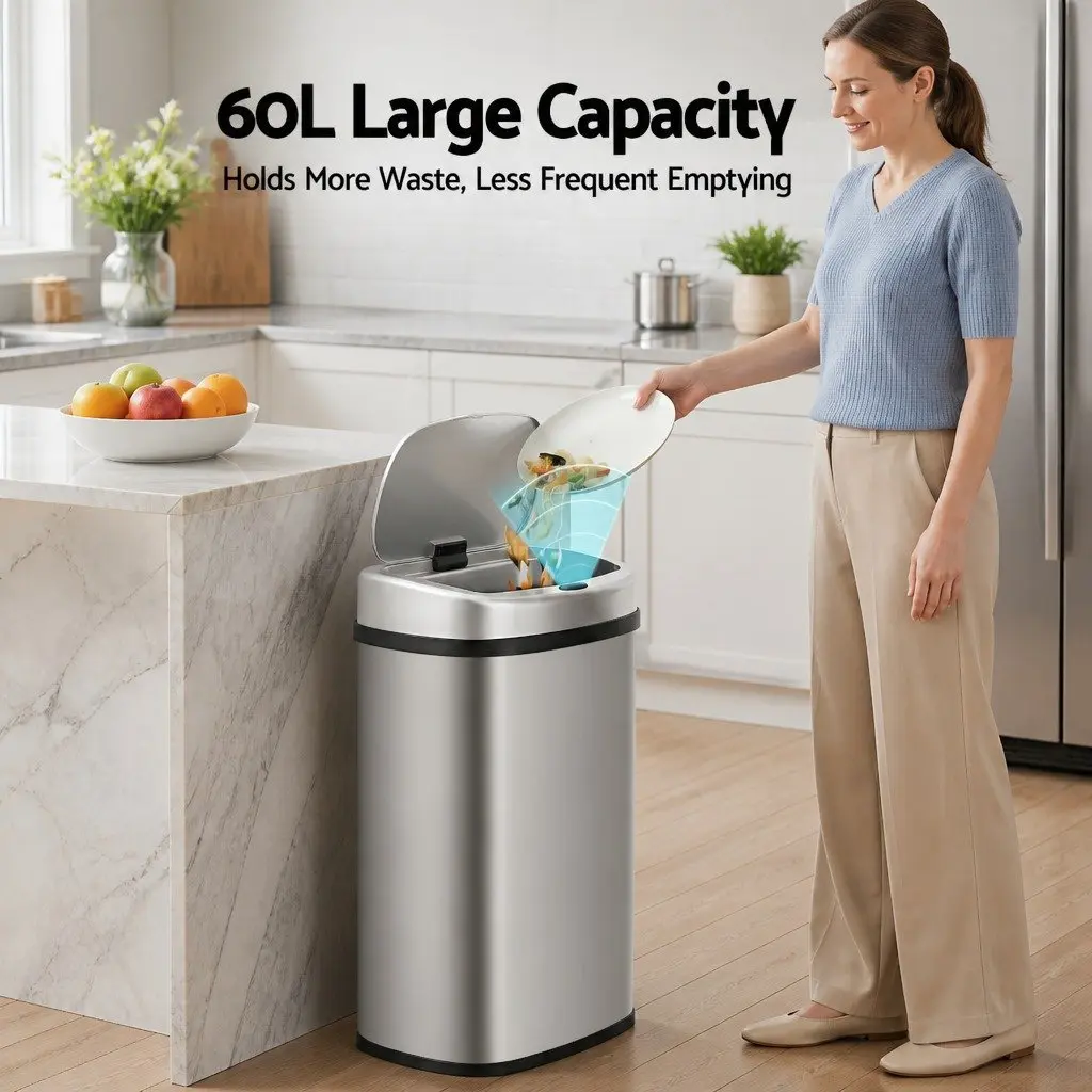 Automatic Bin Silver 60L Motion Sensor Hands-Free Operation