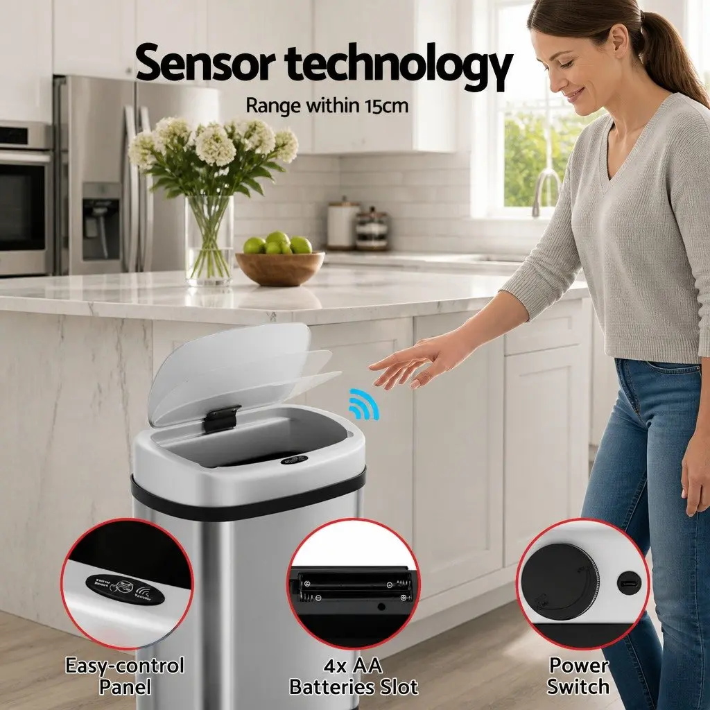Automatic Bin Silver 60L Motion Sensor Hands-Free Operation