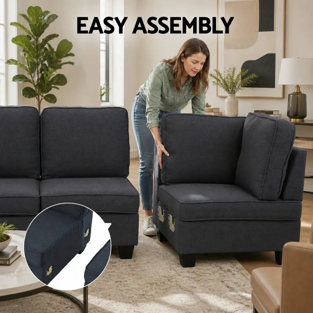 Modular Sofa Set Dark Grey 4-Seater Sturdy Wooden Frame Removable Washable Cushion Covers