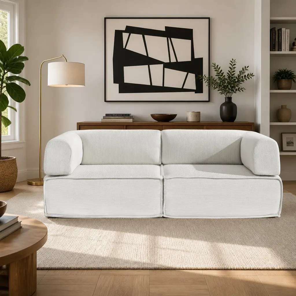 Convertible Sofa Bed Beige 2-Seater Corduroy Upholstery Steel Frame High-Density Mattress