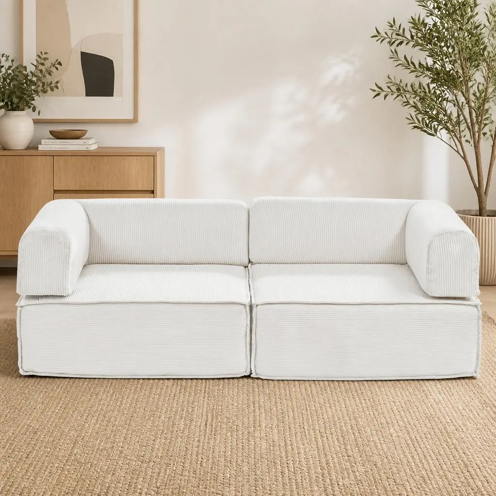 Convertible Sofa Bed Beige 2-Seater Corduroy Upholstery Steel Frame High-Density Mattress