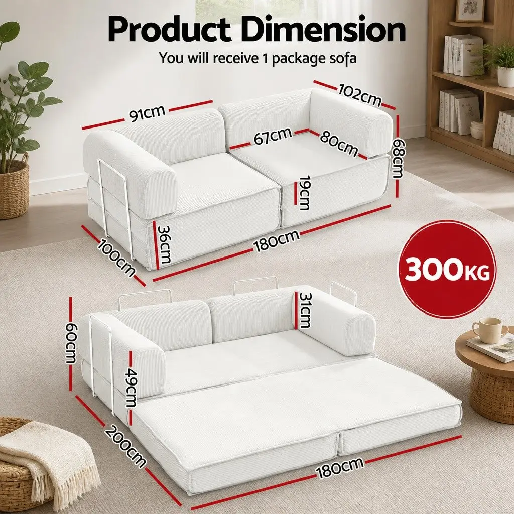 Convertible Sofa Bed Beige 2-Seater Corduroy Upholstery Steel Frame High-Density Mattress
