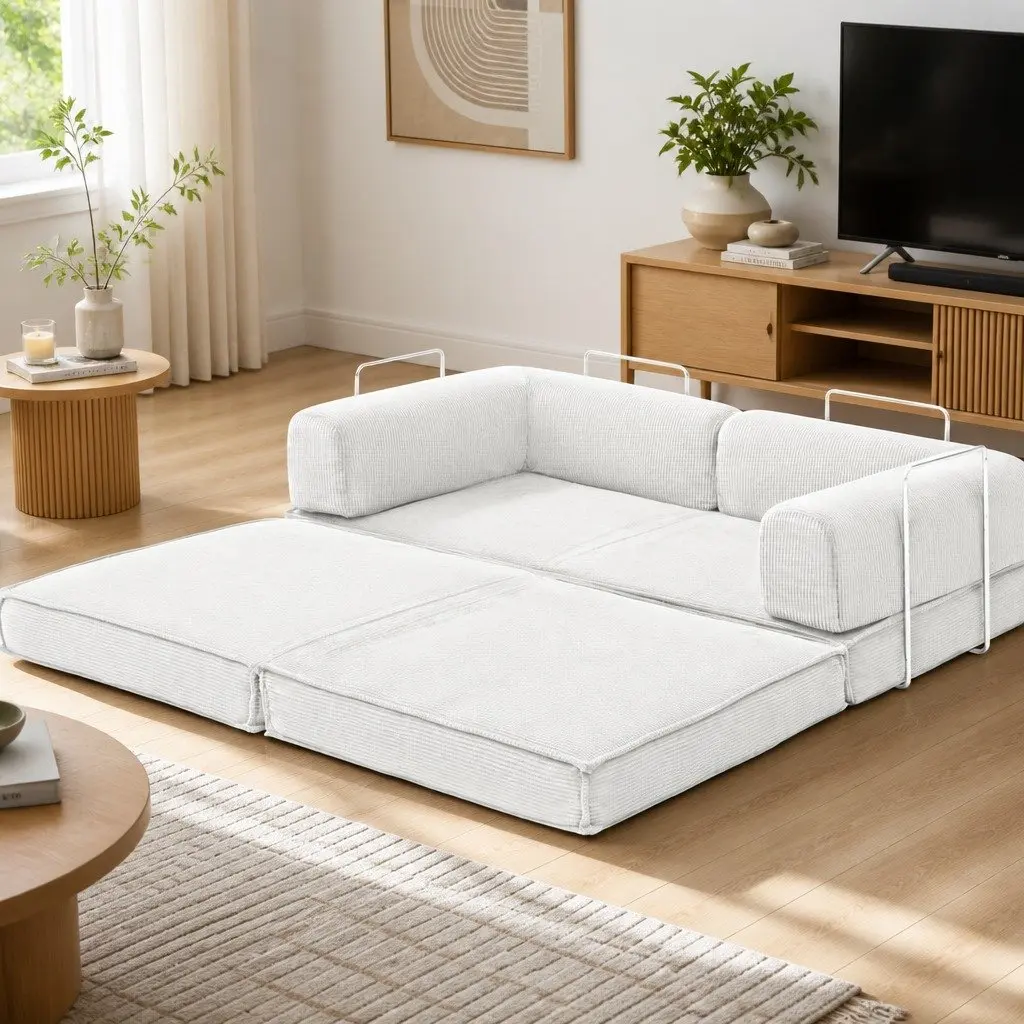 Convertible Sofa Bed Beige 2-Seater Corduroy Upholstery Steel Frame High-Density Mattress