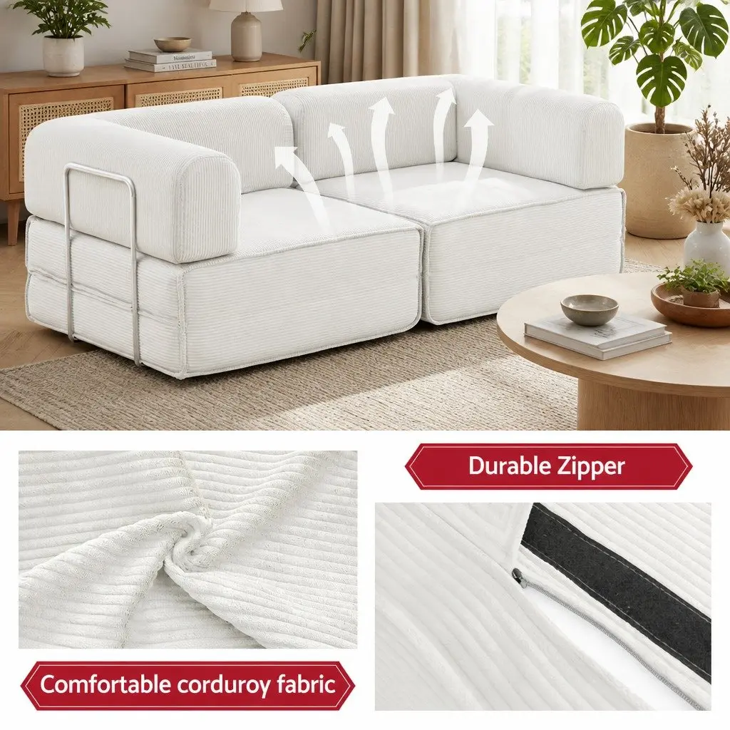 Convertible Sofa Bed Beige 2-Seater Corduroy Upholstery Steel Frame High-Density Mattress