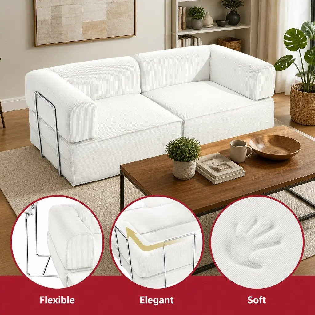 Convertible Sofa Bed Beige 2-Seater Corduroy Upholstery Steel Frame High-Density Mattress