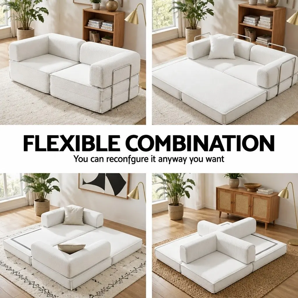 Convertible Sofa Bed Beige 2-Seater Corduroy Upholstery Steel Frame High-Density Mattress