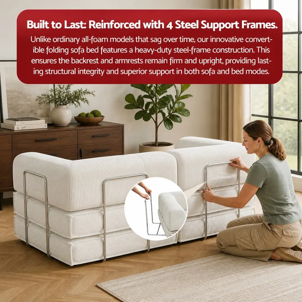 Convertible Sofa Bed Beige 2-Seater Corduroy Upholstery Steel Frame High-Density Mattress