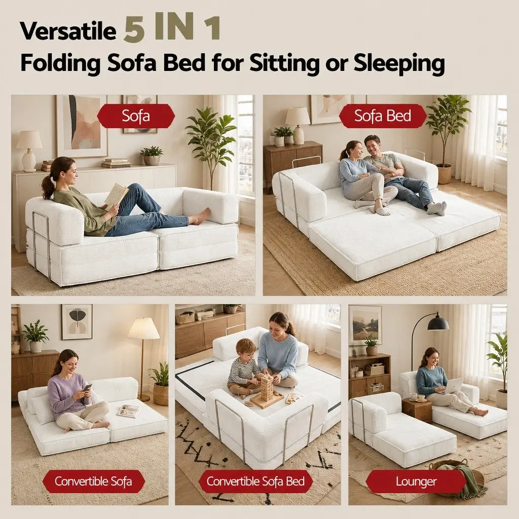 Convertible Sofa Bed Beige 2-Seater Corduroy Upholstery Steel Frame High-Density Mattress