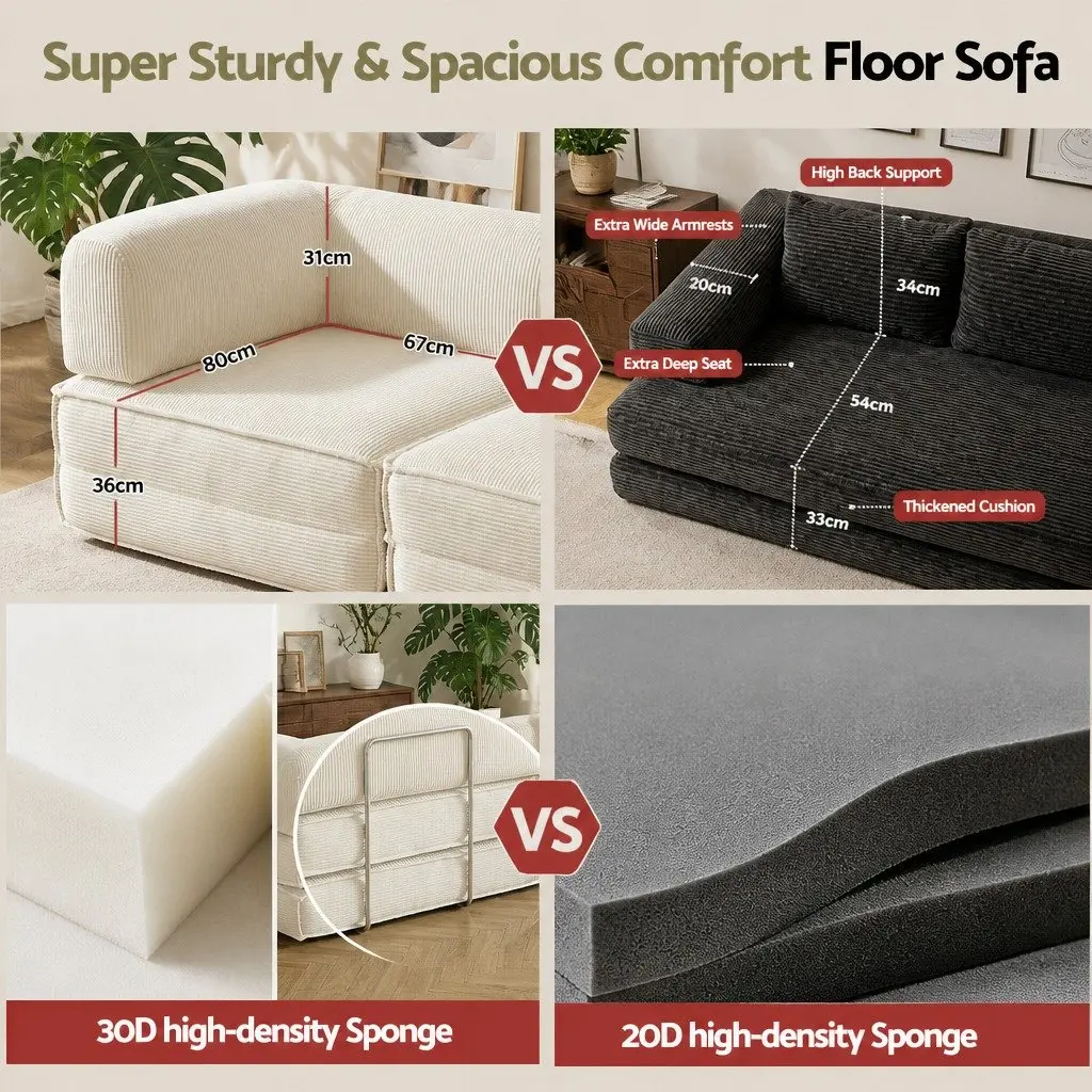 Convertible Sofa Bed Beige 2-Seater Corduroy Upholstery Steel Frame High-Density Mattress