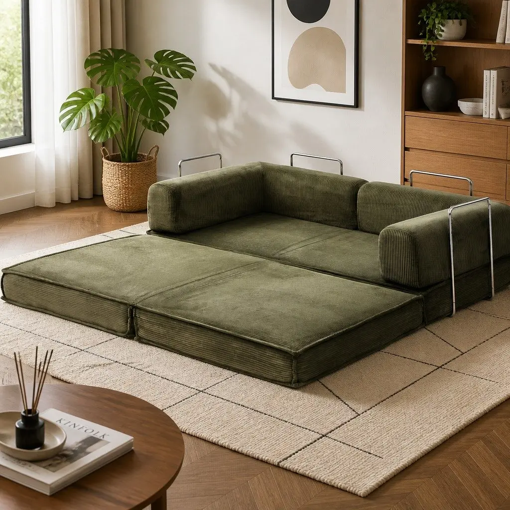 Convertible Sofa Bed Green 2-Seater Couch Sleeper Sturdy Steel Frame Breathable Corduroy High-Density Mattress