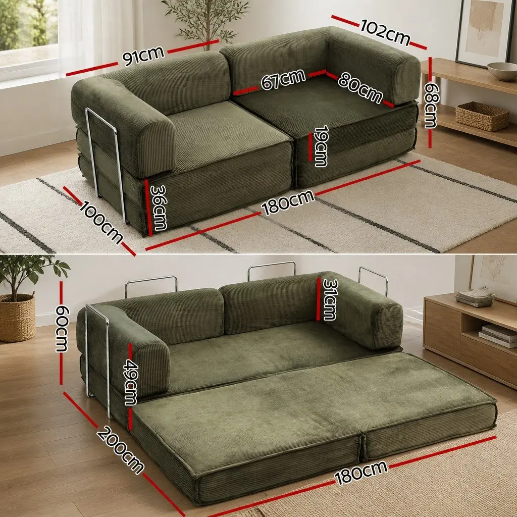 Convertible Sofa Bed Green 2-Seater Couch Sleeper Sturdy Steel Frame Breathable Corduroy High-Density Mattress