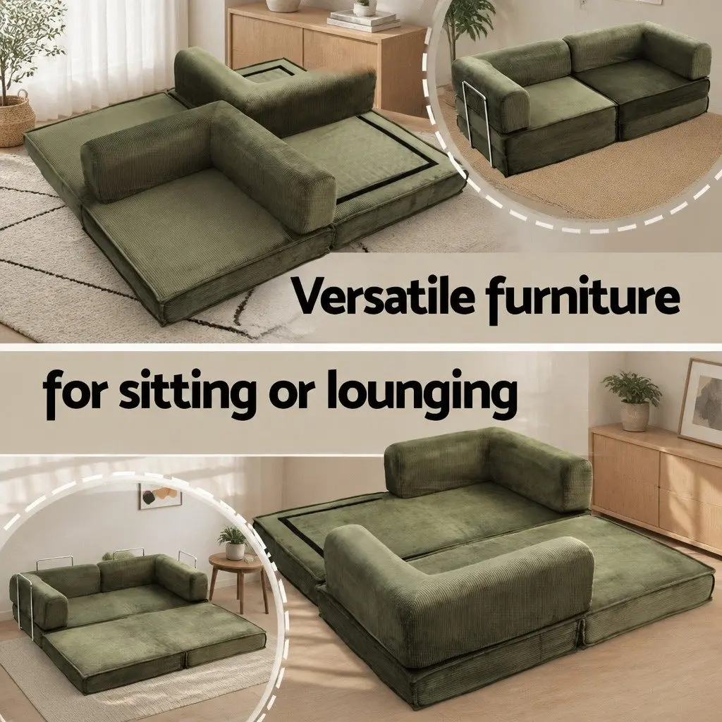 Convertible Sofa Bed Green 2-Seater Couch Sleeper Sturdy Steel Frame Breathable Corduroy High-Density Mattress