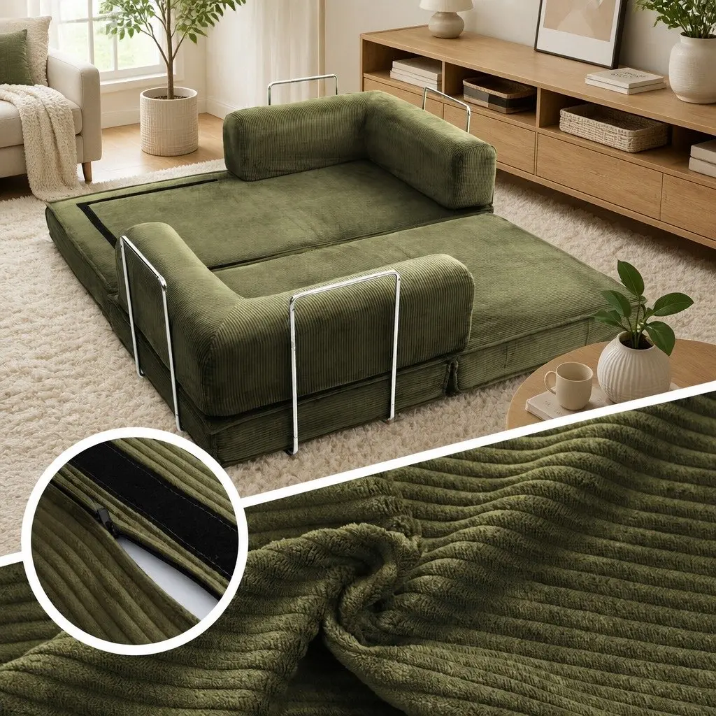 Convertible Sofa Bed Green 2-Seater Couch Sleeper Sturdy Steel Frame Breathable Corduroy High-Density Mattress