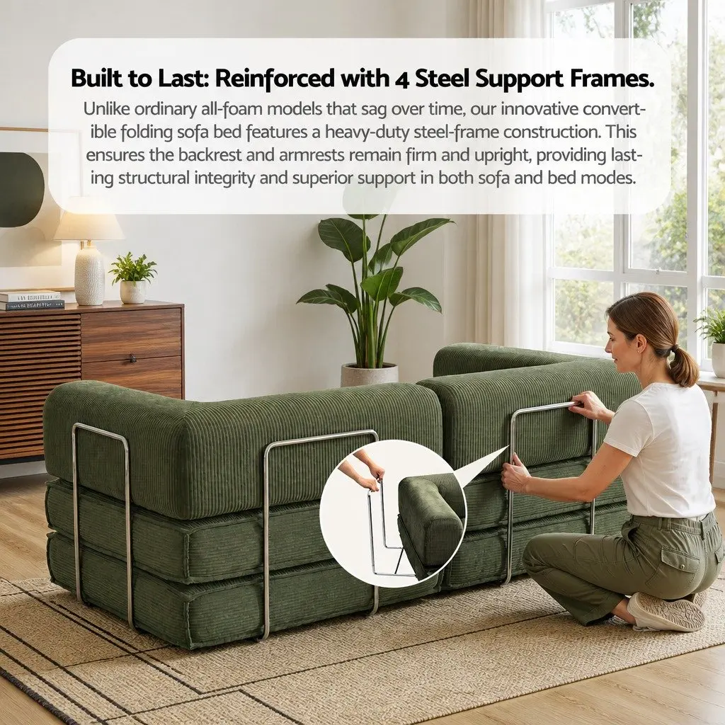 Convertible Sofa Bed Green 2-Seater Couch Sleeper Sturdy Steel Frame Breathable Corduroy High-Density Mattress