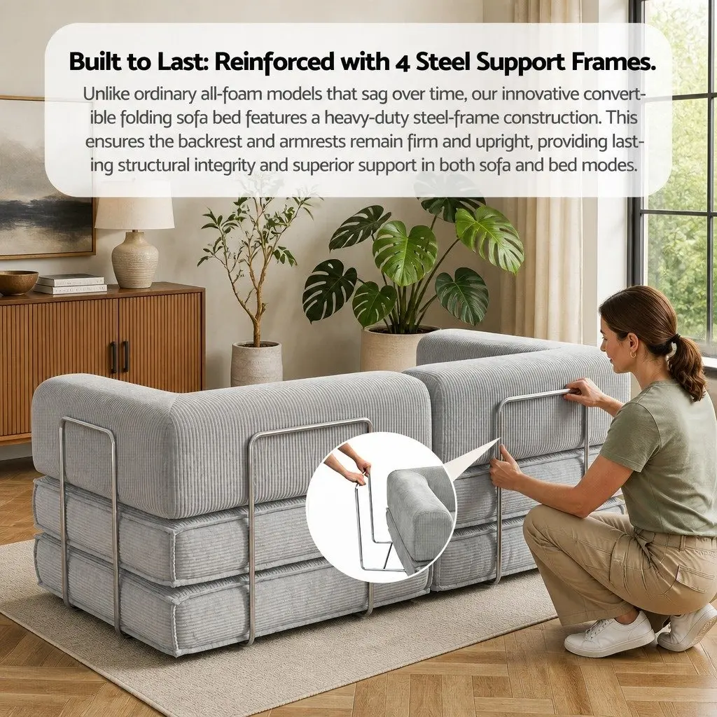 Convertible Folding Sofa Bed Grey 2-Seater Sleeper Couch Steel Frame