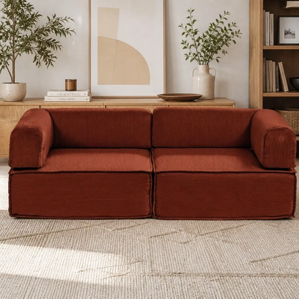 Convertible Folding Sofa Bed Orange 2-Seater Couch Sleeper Chair Corduroy