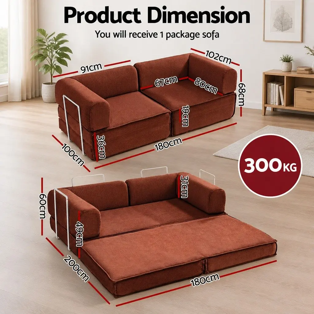 Convertible Folding Sofa Bed Orange 2-Seater Couch Sleeper Chair Corduroy