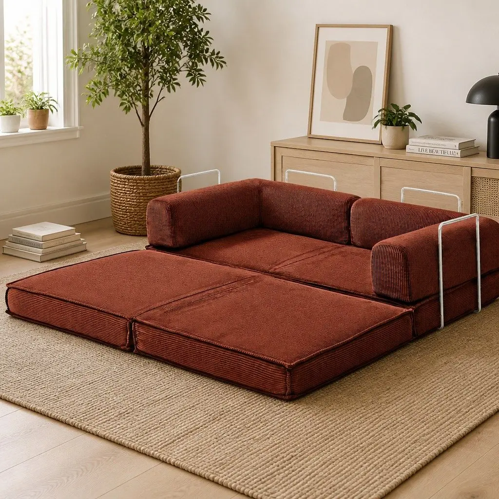 Convertible Folding Sofa Bed Orange 2-Seater Couch Sleeper Chair Corduroy