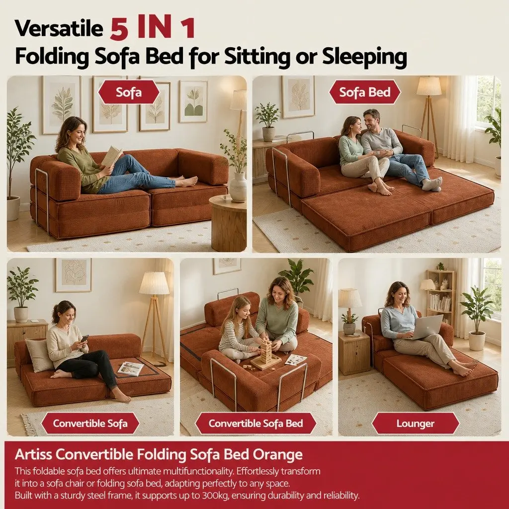 Convertible Folding Sofa Bed Orange 2-Seater Couch Sleeper Chair Corduroy