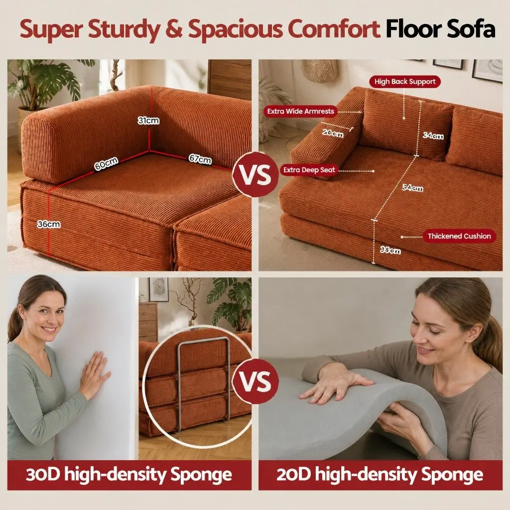 Convertible Folding Sofa Bed Orange 2-Seater Couch Sleeper Chair Corduroy