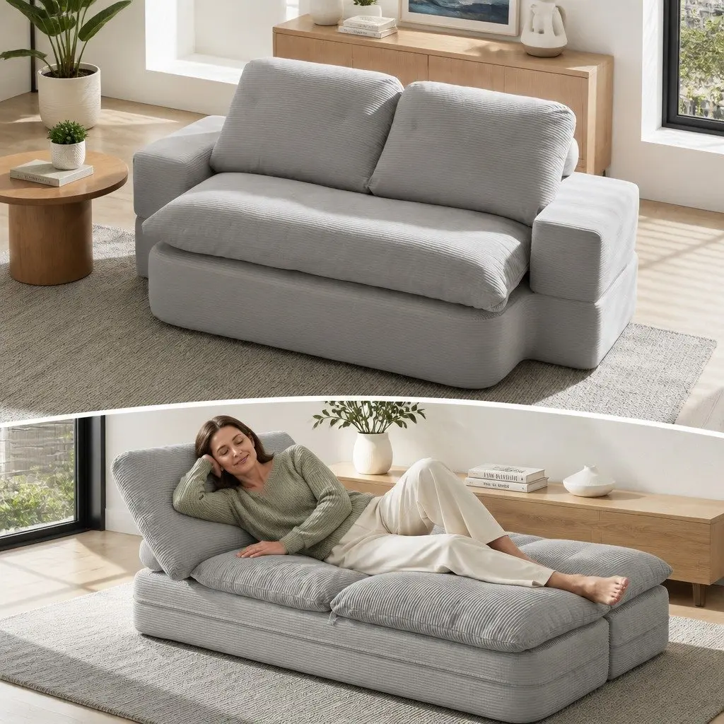 Convertible Folding Sofa Bed Grey 200cm 30D High-Density Foam Corduroy Upholstery