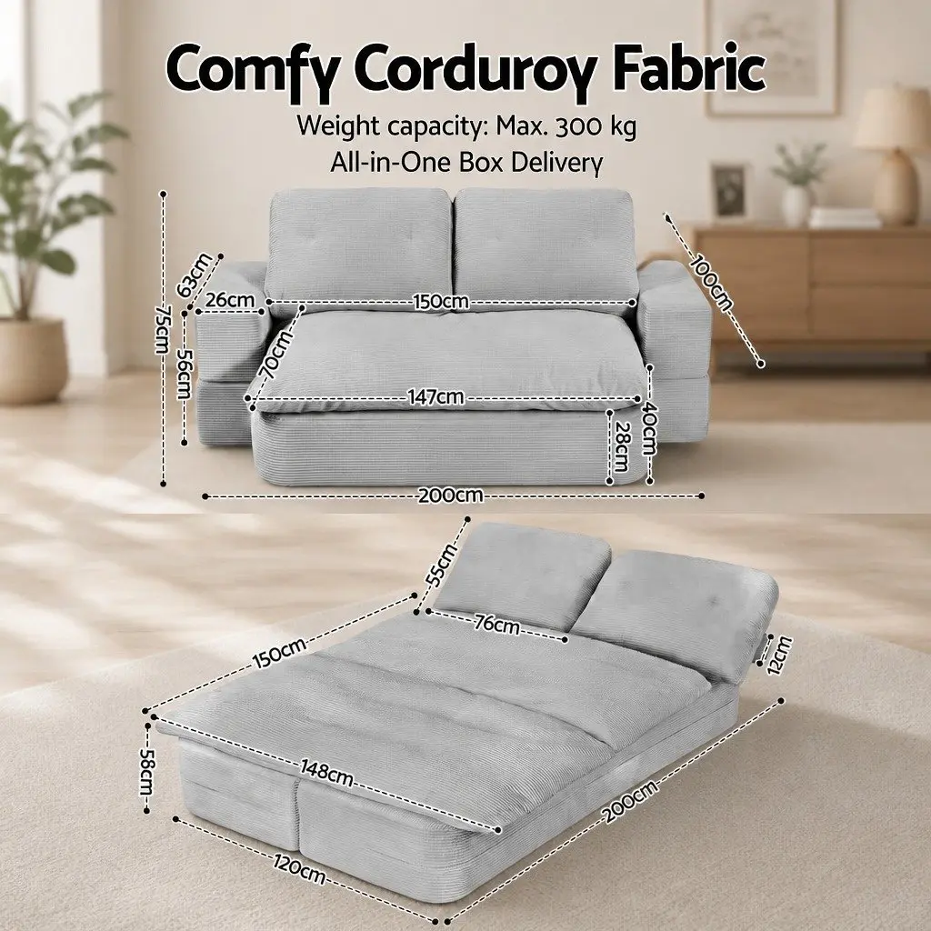 Convertible Folding Sofa Bed Grey 200cm 30D High-Density Foam Corduroy Upholstery