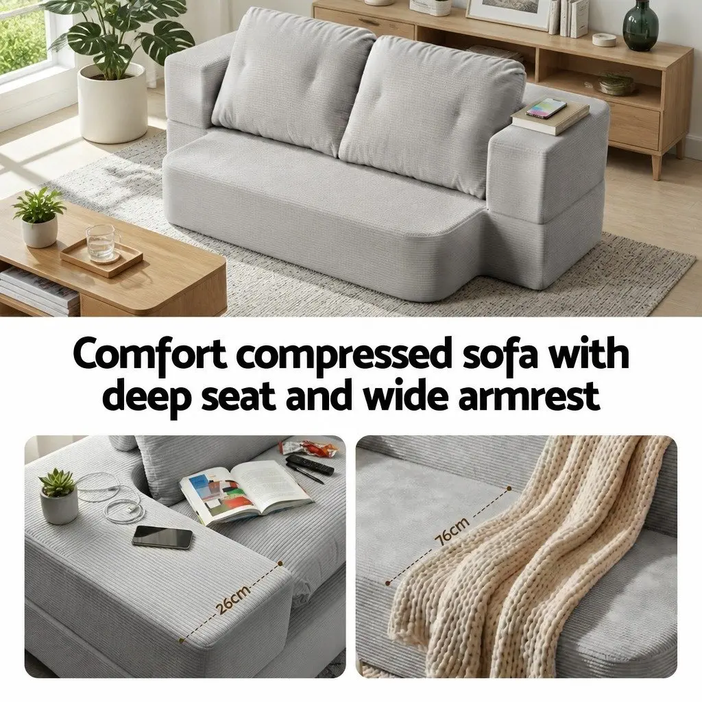 Convertible Folding Sofa Bed Grey 200cm 30D High-Density Foam Corduroy Upholstery
