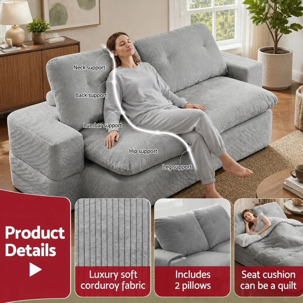 Convertible Folding Sofa Bed Grey 200cm 30D High-Density Foam Corduroy Upholstery