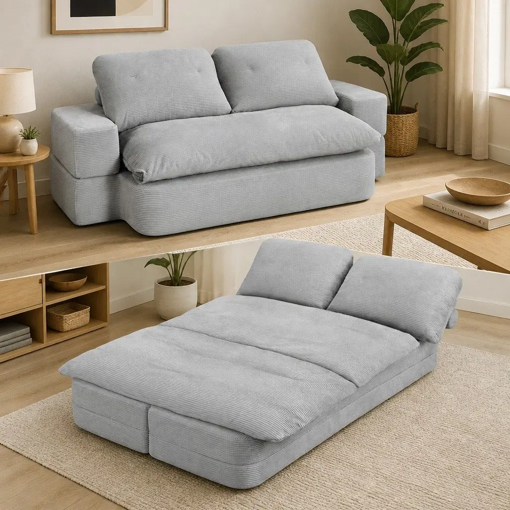 Convertible Folding Sofa Bed Grey 200cm 30D High-Density Foam Corduroy Upholstery