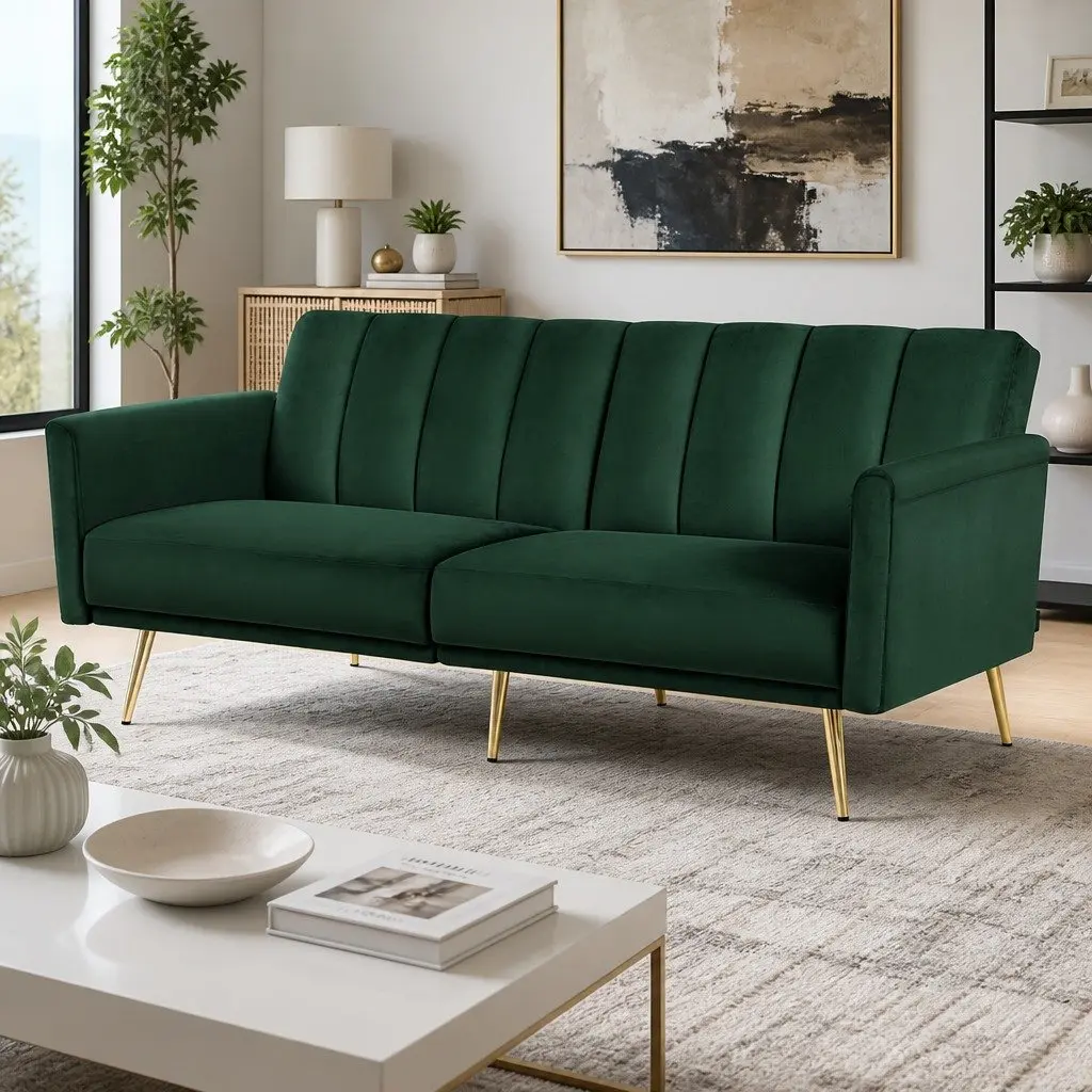 3 Seater Sofa Bed Green Velvet Adjustable Armrest Convertible Couch