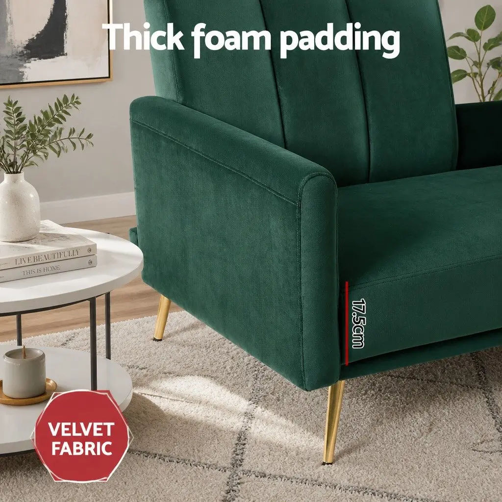 3 Seater Sofa Bed Green Velvet Adjustable Armrest Convertible Couch