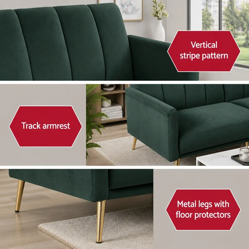 3 Seater Sofa Bed Green Velvet Adjustable Armrest Convertible Couch