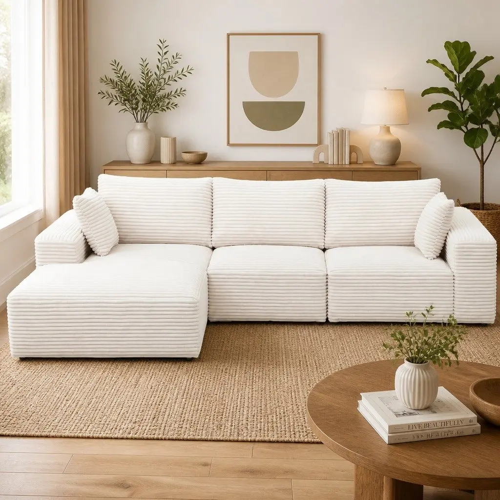 3 Seater Sofa Bed White L-Shaped Modular Sectional Couch Corduroy
