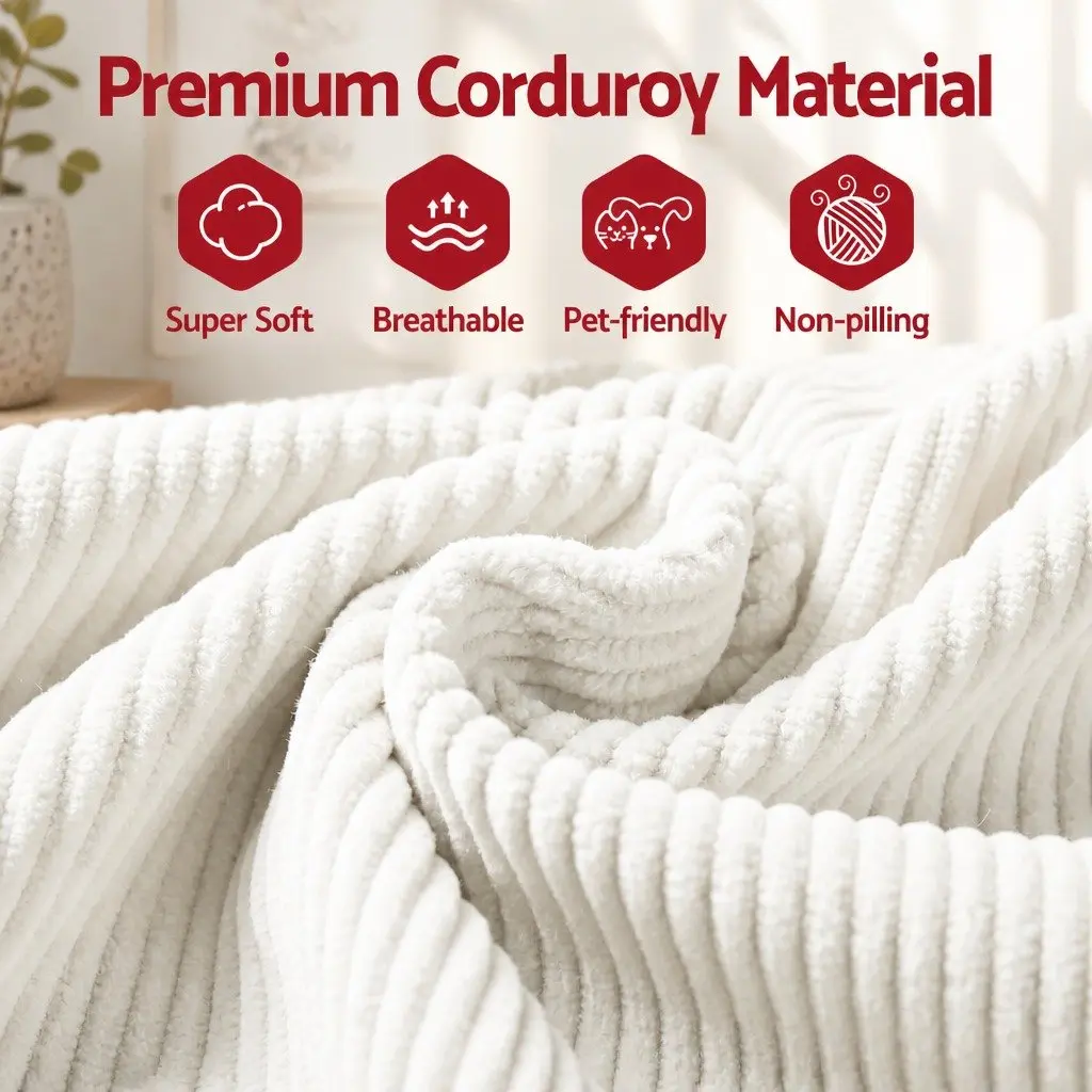 3 Seater Sofa Bed White L-Shaped Modular Sectional Couch Corduroy