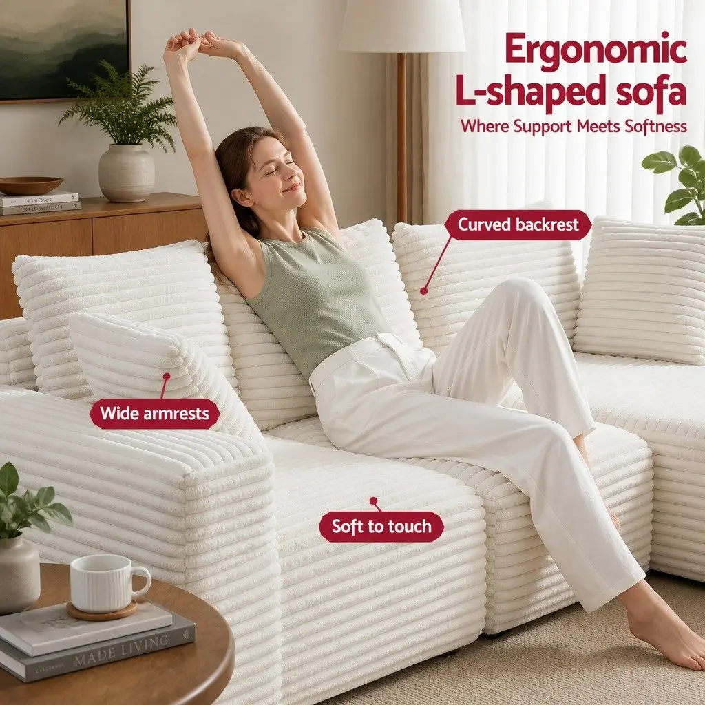 3 Seater Sofa Bed White L-Shaped Modular Sectional Couch Corduroy