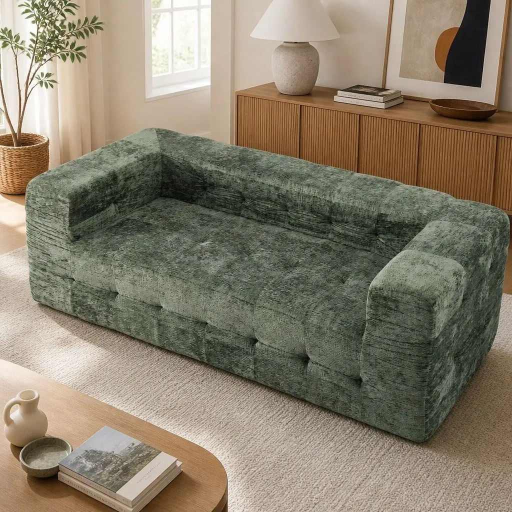 3-Seater Sofa Bed Green Chenille Zero Assembly Modern Living Room Furniture